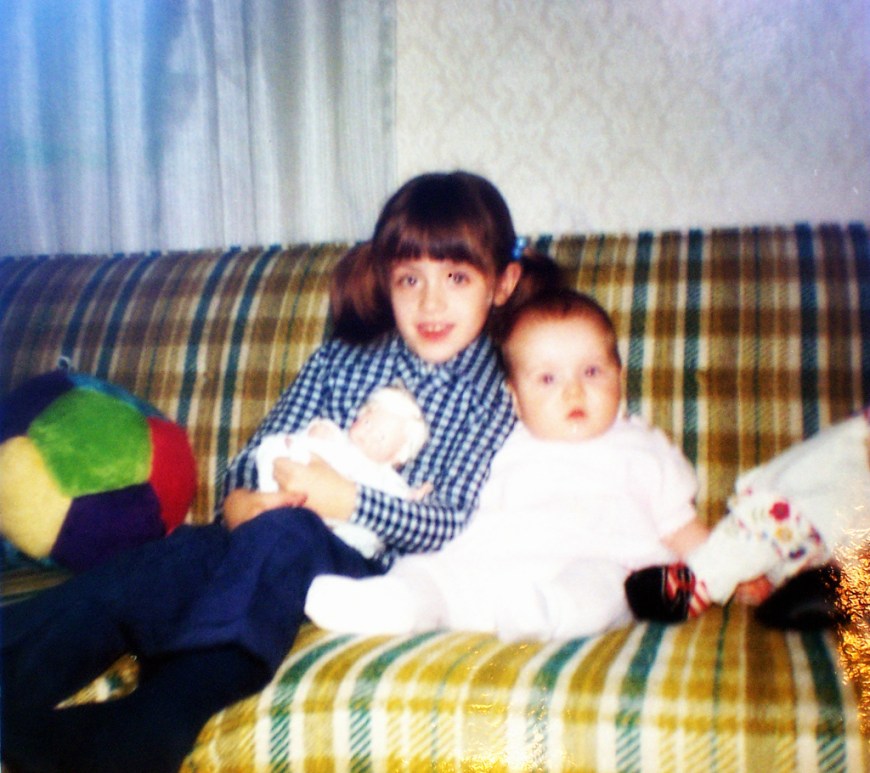 Sisters in the 70's - gold and green plaid sofa - thetemenosjournal.com