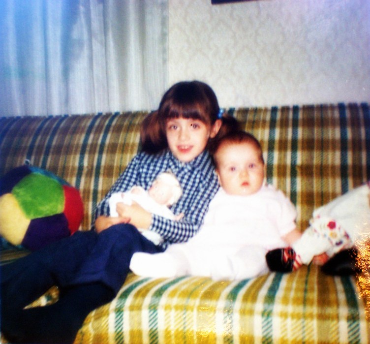 Sisters in the 70's - gold and green plaid sofa - thetemenosjournal.com