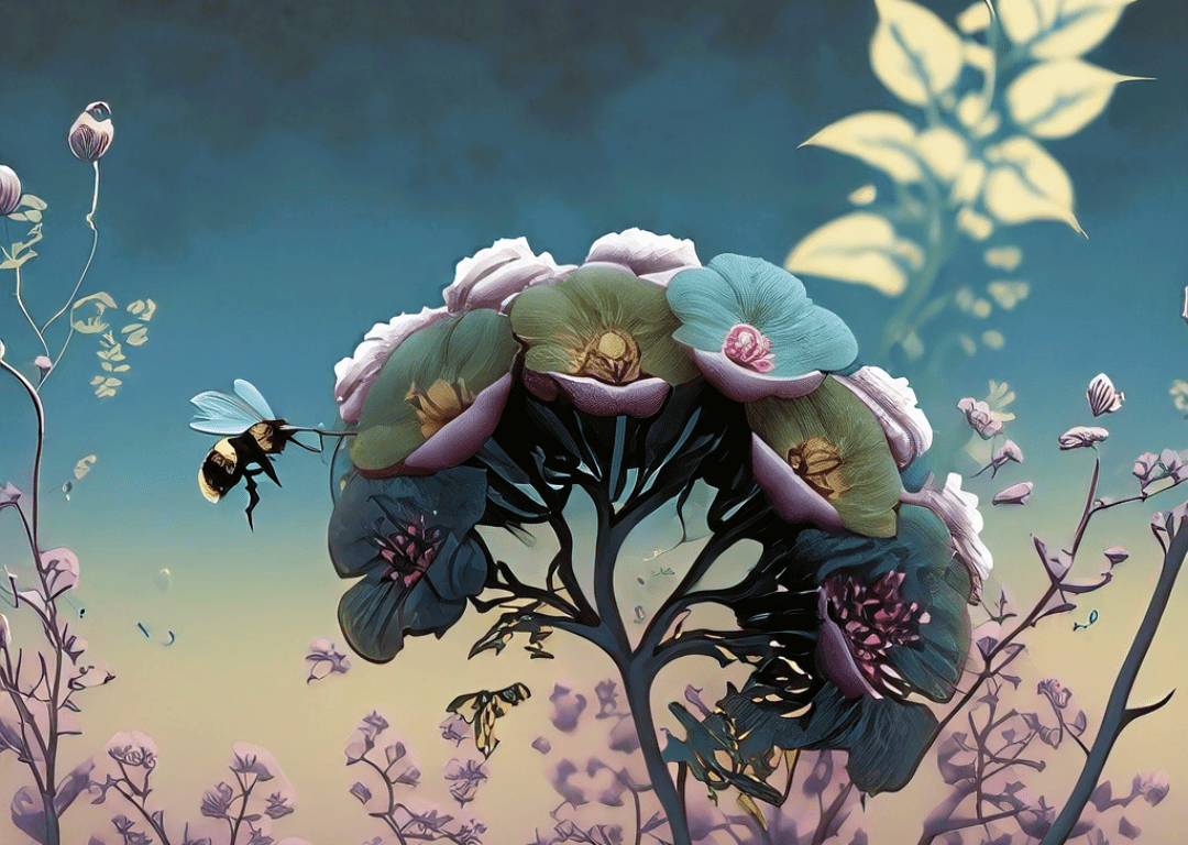 bumble bee about to land on a whimsical wildflower