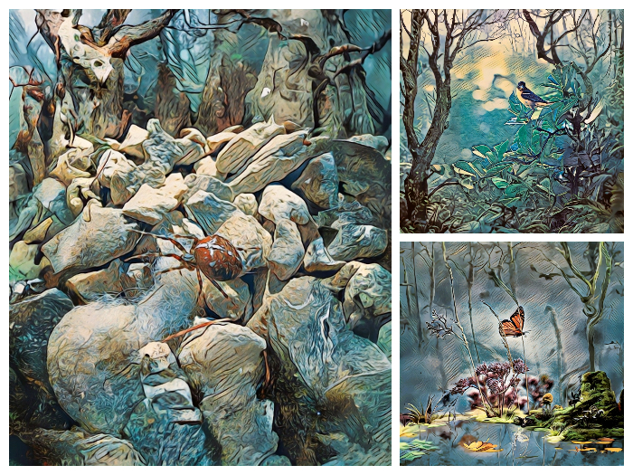 a collage of 3 images - first is of a spider on rocks, next is a songbird in a tree, third is a monarch butterfly fluttering over a pond. All three with a blue hue, and a retro fantasy comic book style.