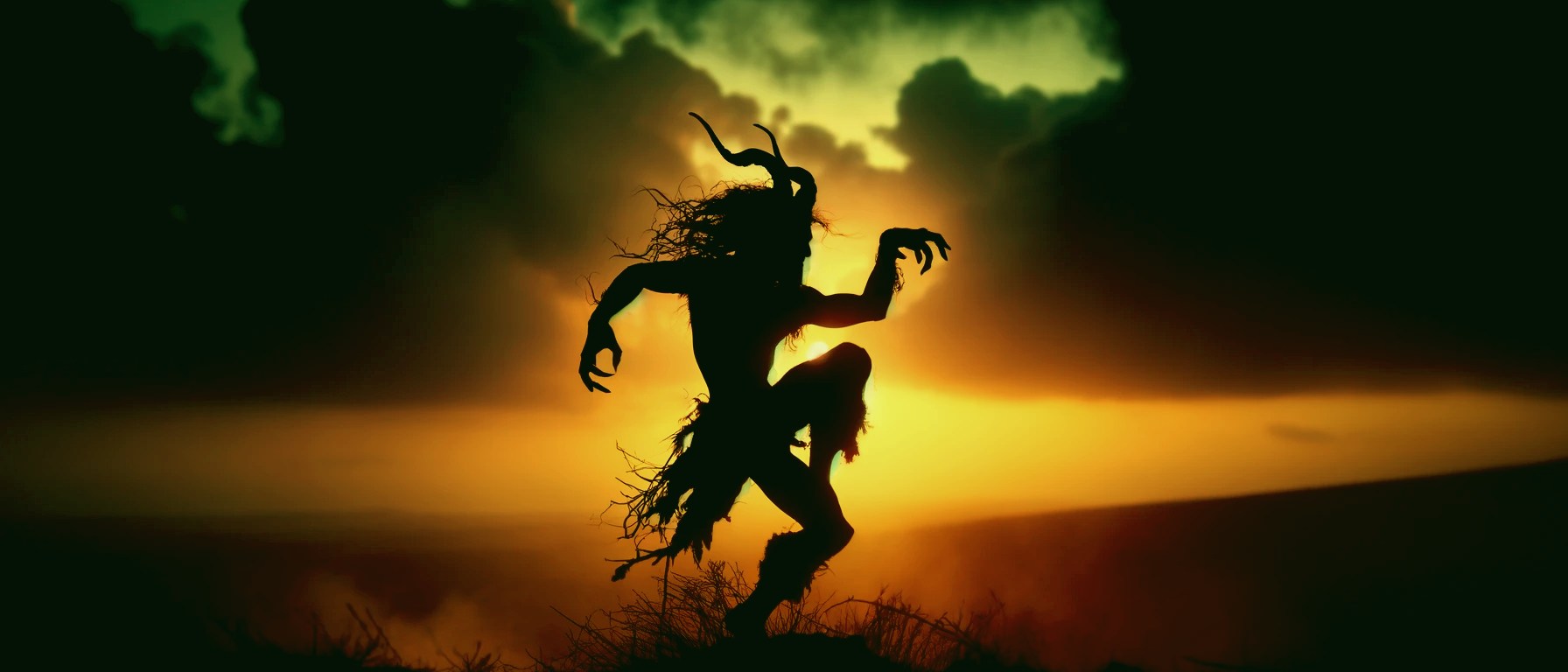 A daemon like figure in shadow dancing in rising light on the horizon