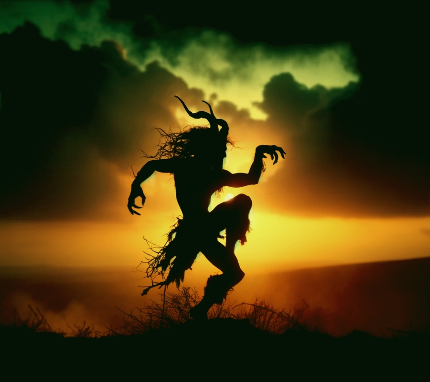 A daemon like figure in shadow dancing in rising light on the horizon