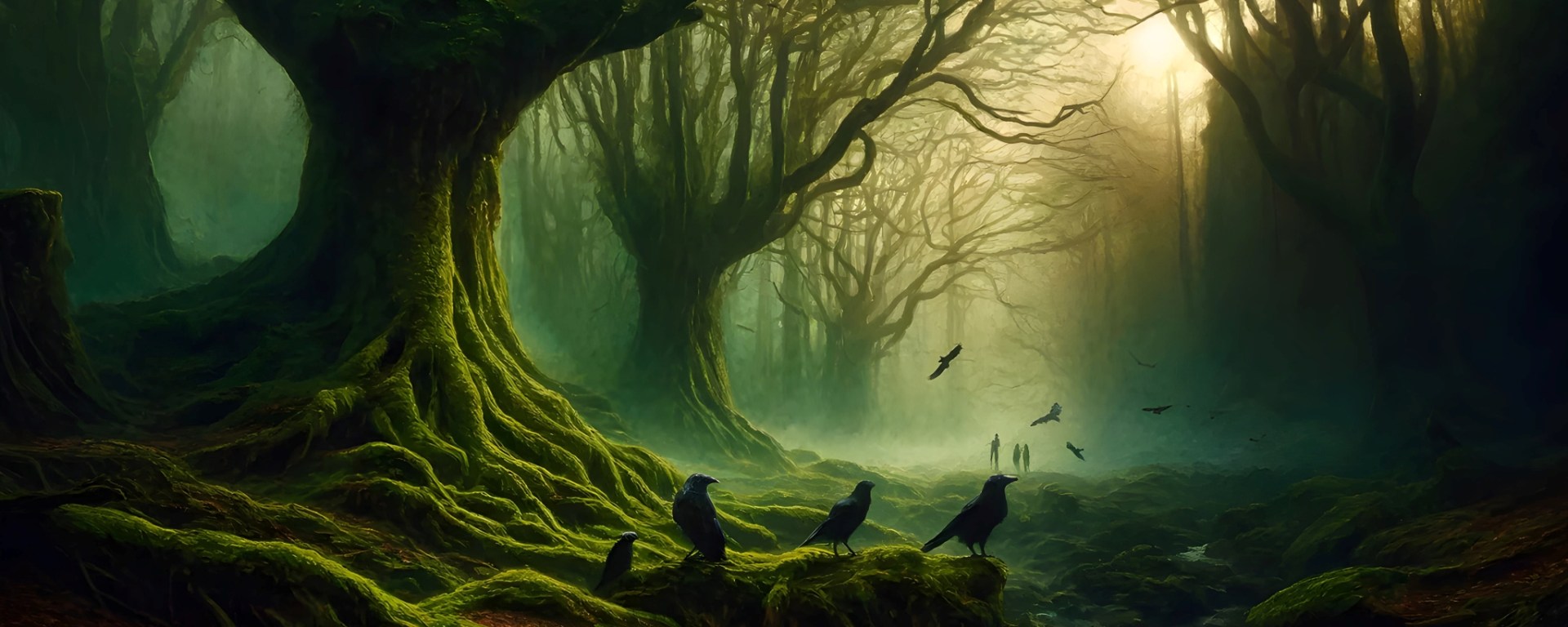 Crows in the foreground of a mysterious forest, with a shadowy group of figures in the background in a misty haze.
