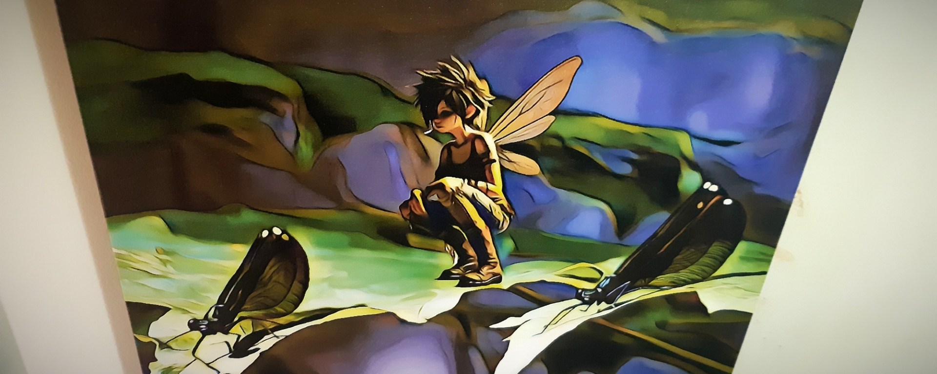 Modern Impressionist style Fairy hanging with 2 black dragonflies on a leaf.
