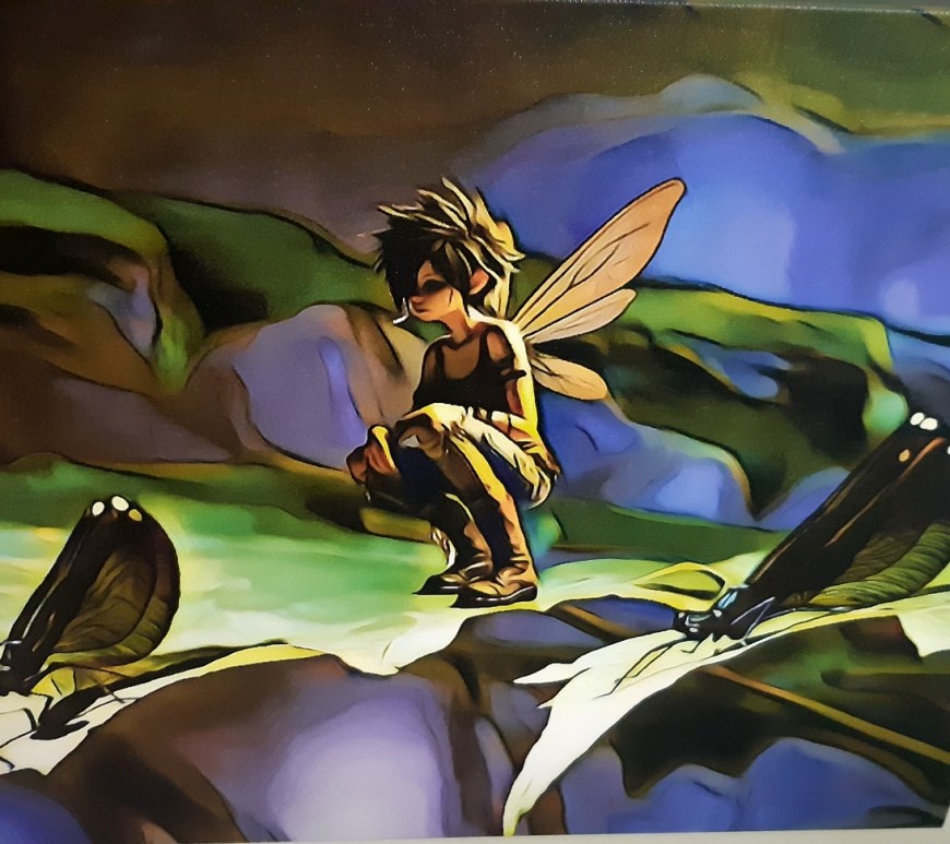 Modern Impressionist style Fairy hanging with 2 black dragonflies on a leaf.